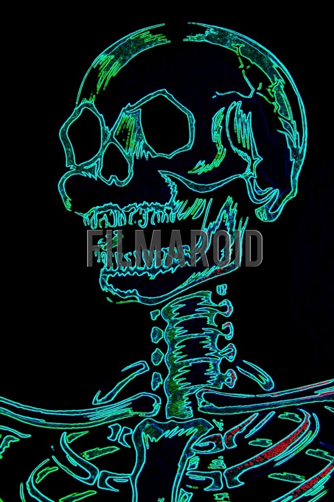 Closeup of a human skull neck and rib cage with a neon effect against a pitch black background