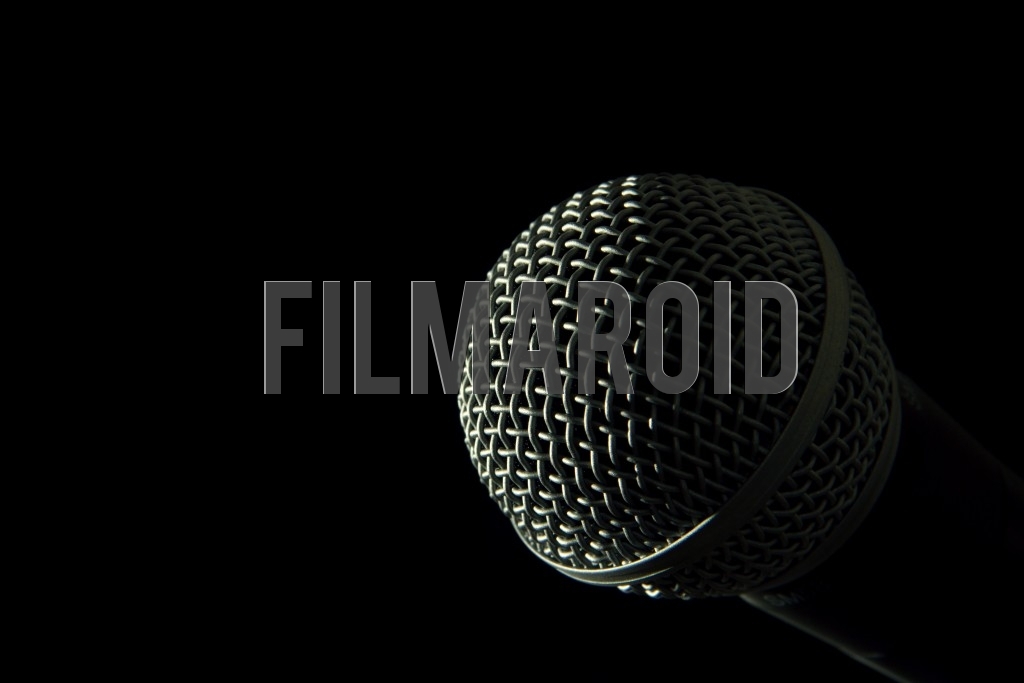 Detail view of the head of a voice microphone isolated against a pitch black background