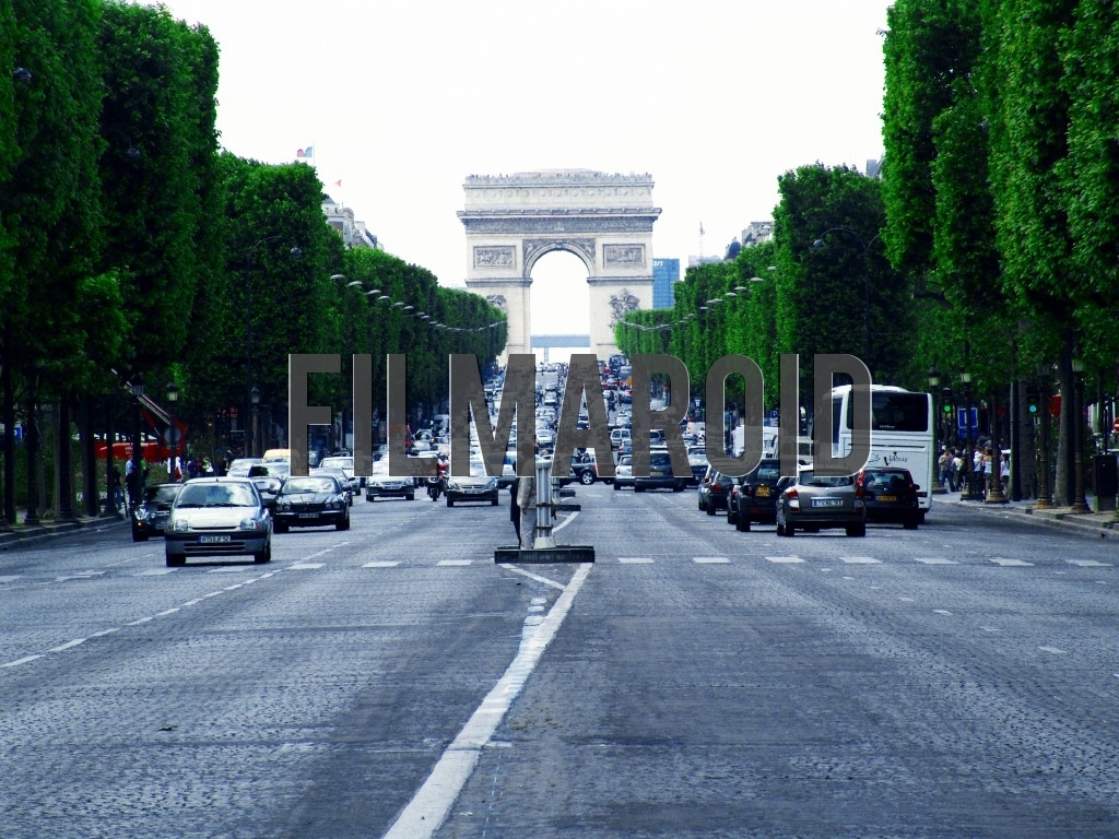 A frontal view of Les Champs-Élysées avenue in Paris France with the Arc de Triomphe on the background